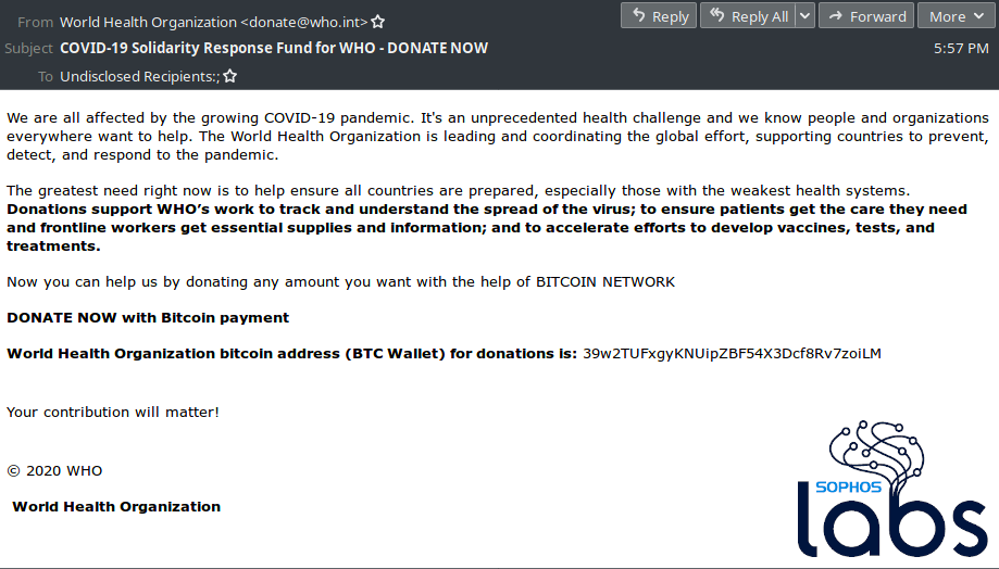 Scammers Leveraging Pandemic To Steal BTC COVID-19 Donations 1 Screenshot of fake email requesting Bitcoin donations for the WHO. Source: Twitter